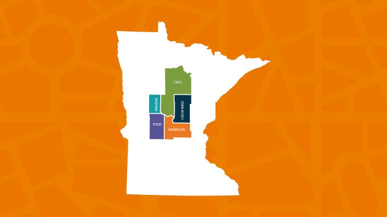 Map of Minnesota highlighting Region 5 counties of Cass, Crow Wing, Morrison, Todd, and Wadena